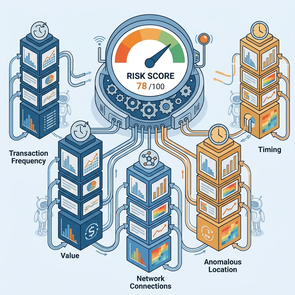 Five behavioral dimensions — Anomaly, Coordination, Network, Value Profile, Integrity — combining into one composite risk score of 87.